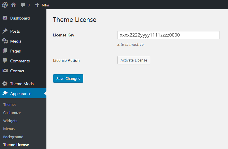 A screenshot showing the theme license option, with the Activate License button.