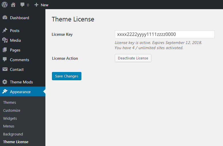 A screenshot showing that the theme license has been activated, and how many of the permitted number of websites have been activated with this license key.