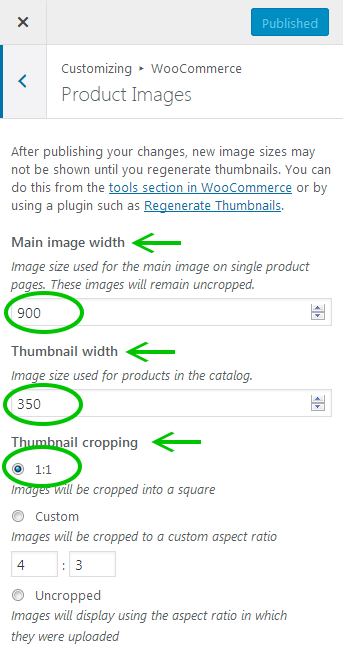 Screenshot showing the WooCommerce Product Images settings in the customizer