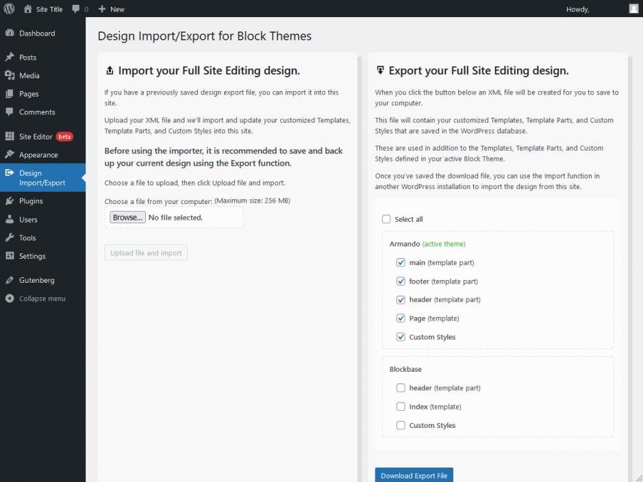 The main plugin page, showing the Import function, and the templates, template parts, and custom style available to Export.