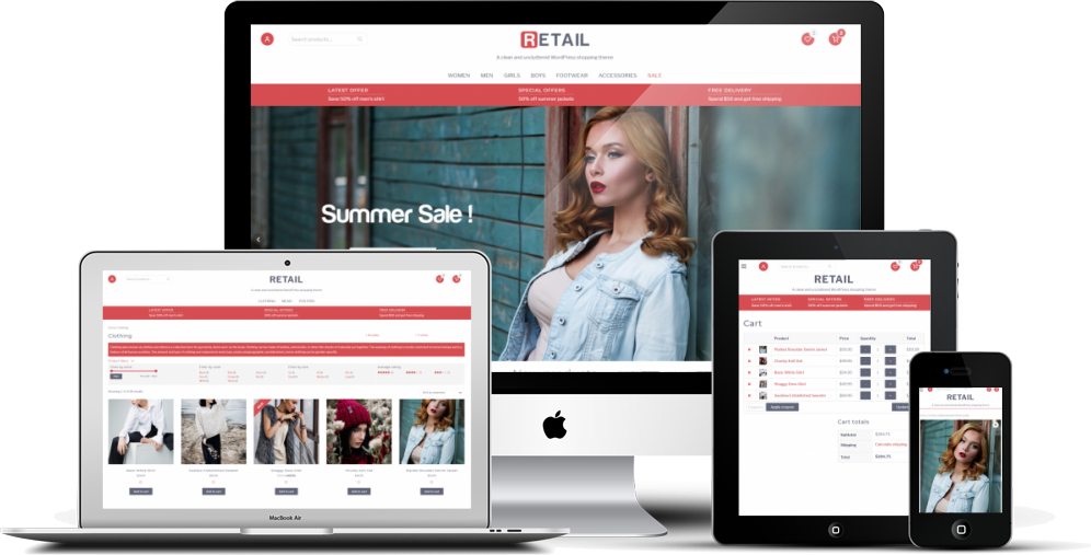 Screenshots showing the Retail theme on four devices