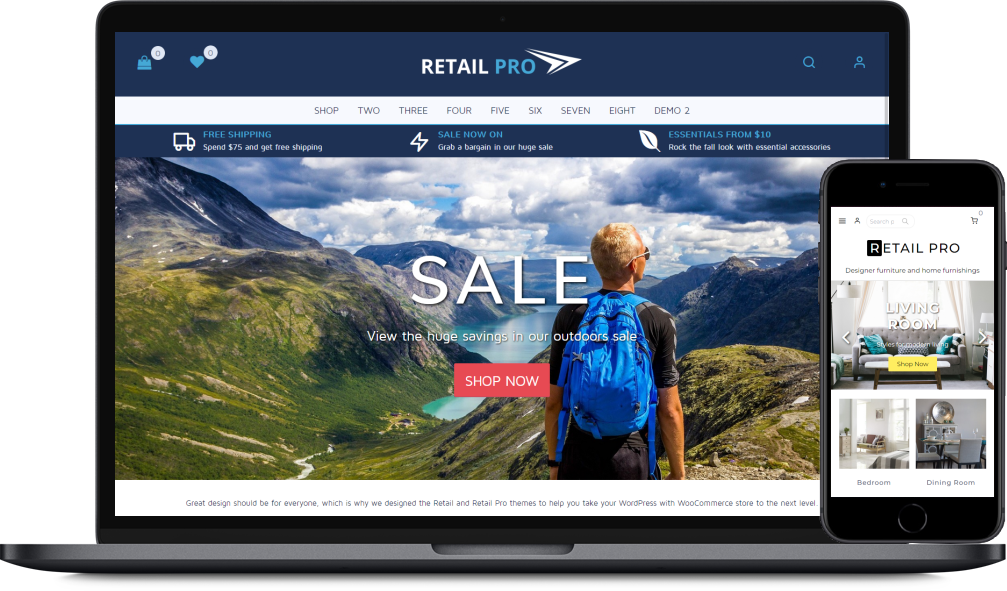 A screenshot image showing how the Retail Pro theme looks on a laptop and a mobile phone