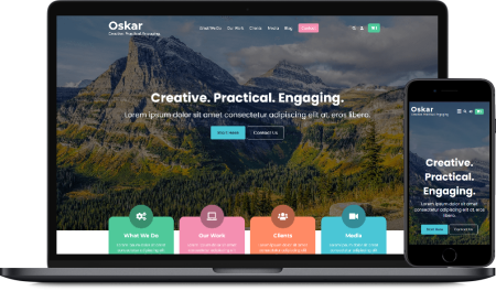 The Oskar WordPress theme as it appears on a laptop and a mobile phone