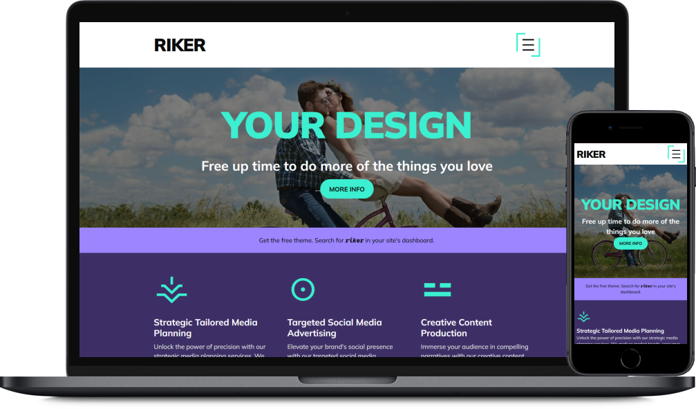 Mockup showing the Riker theme on a mobile device and a laptop.